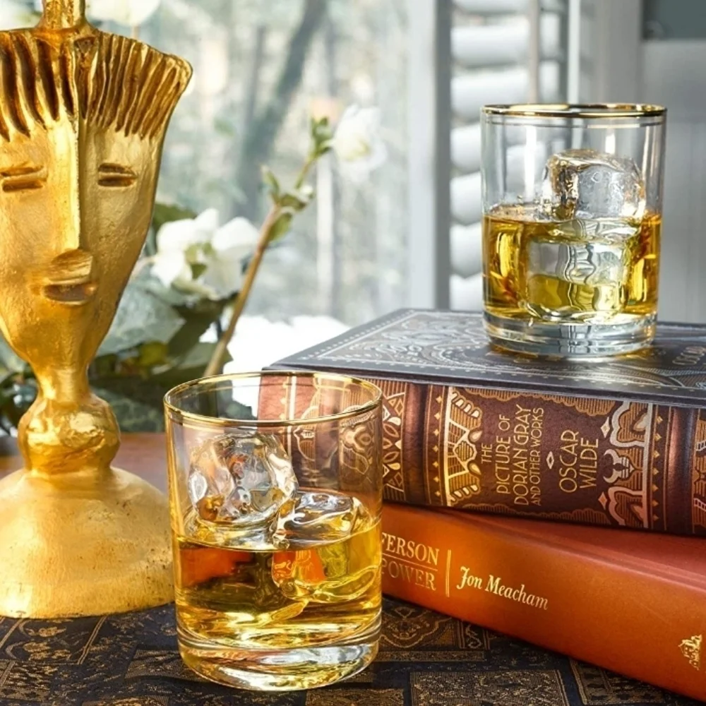 NIB Set of 4‎ Burns Glass gold double rim double old fashioned 11 3/4 Oz